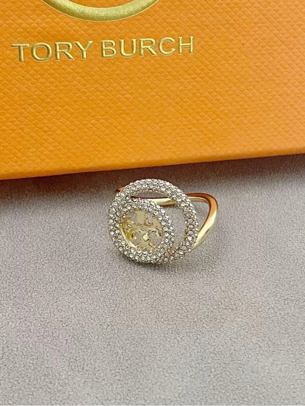Tory Burch Gold Crystal Emblem Spiral Ring Size8